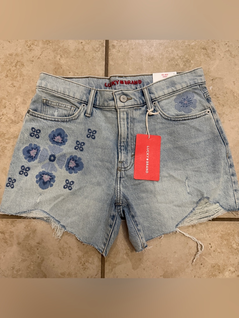 Lucky Brand Shorts Womens 6/28 Blue Denim 90s Midi Cutoff Floral Embroidered